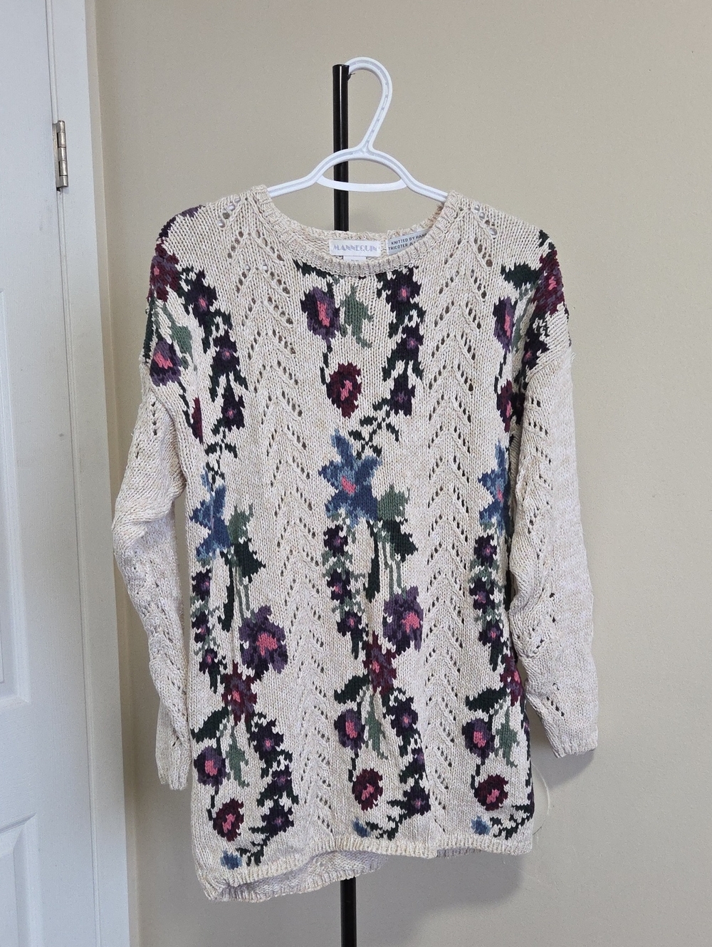Mannequin Cream Open-Knit Floral Crewneck Sweater